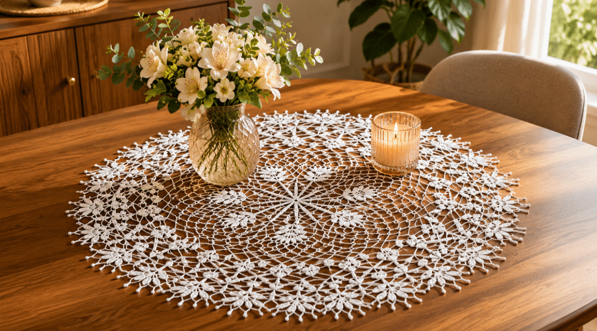 Centro de mesa em crochê branco sobre mesa de madeira, decorado com vaso de flores claras e vela, em ambiente aconchegante de sala de jantar.