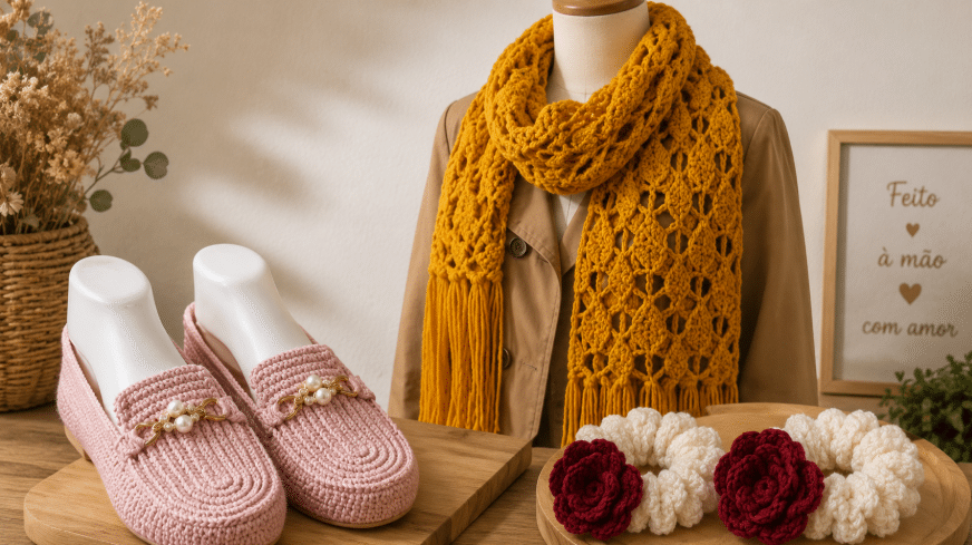 Sapato de crochê rosa exposto sobre superfície de madeira, xuxinhas de cabelo em crochê ao lado e cachecol amarelo em manequim ao fundo.