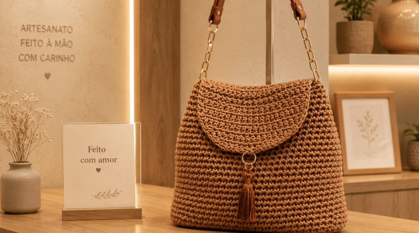 Bolsa de crochê marrom exposta em ambiente de loja artesanal, com alça de corrente dourada, pingente frontal e decoração neutra ao redor.