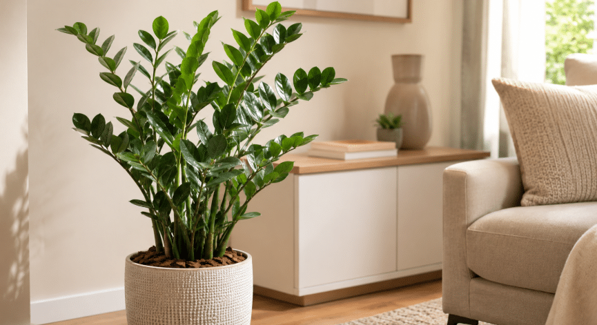 Zamioculca em vaso decorativo claro dentro de uma sala aconchegante, com folhas verdes brilhantes e decoração neutra ao fundo.