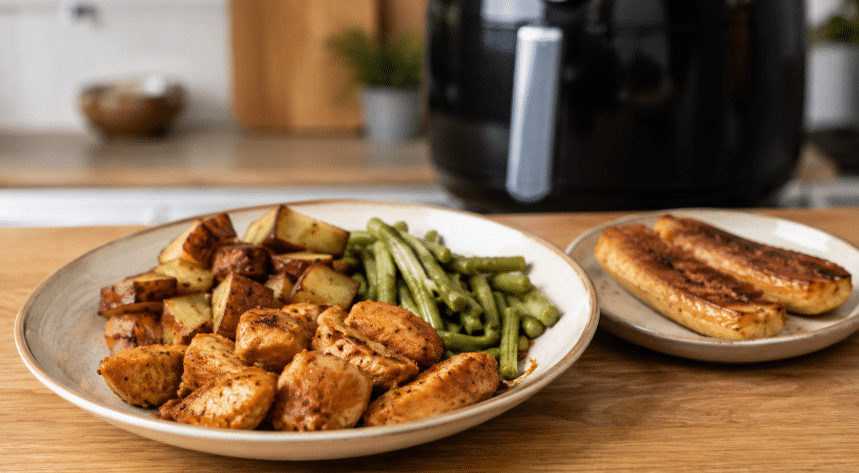 Refeição completa feita na Air Fryer com frango dourado, batata-doce assada, vagem e banana assada com canela servida como sobremesa.
