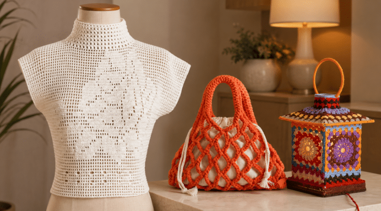 Blusa de crochê branca em um manequim ao lado de uma bolsa laranja vazada e uma lamparina colorida de crochê, todos expostos em um ambiente interno aconchegante.