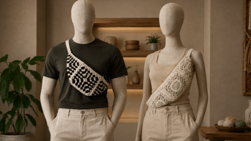 Dois manequins em destaque em um ambiente interno aconchegante, cada um usando uma pochete de crochê na transversal: à esquerda, um modelo preto e branco em manequim masculino com camiseta escura; à direita, um modelo cru com detalhes verdes em manequim feminino com regata bege.