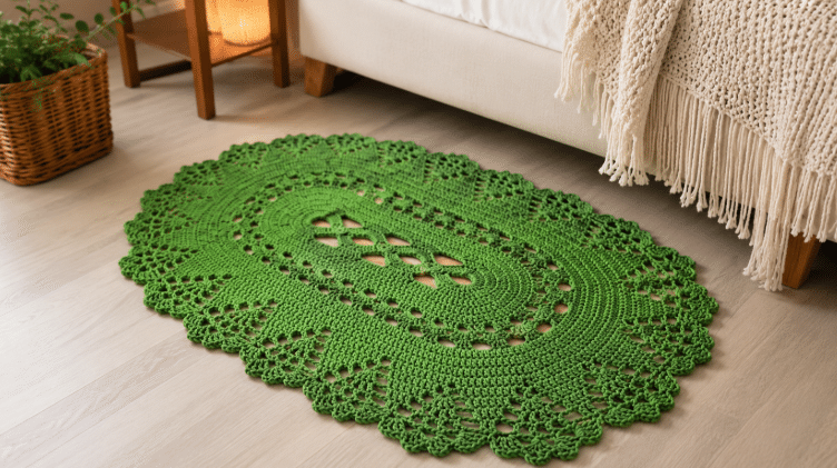 Tapete oval de crochê verde com detalhes vazados e borda rendada, decorando um ambiente aconchegante com piso claro, sofá neutro, manta de franjas e planta ao fundo.