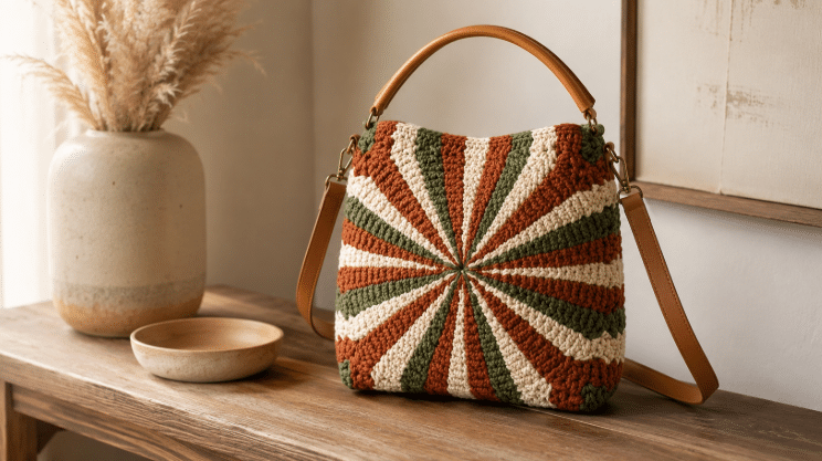 Bolsa de crochê com padronagem em espiral nas cores terracota, verde e cru, com alças caramelo, exposta sobre um aparador de madeira em ambiente aconchegante.