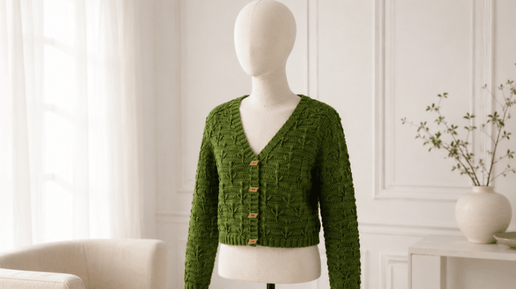 Blusa de crochê verde com mangas longas, decote em V e botões frontais, exibida em um manequim em ambiente claro e elegante.