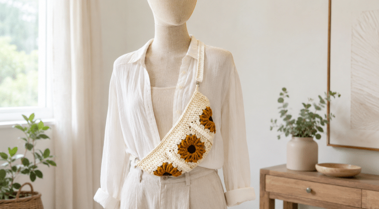 Manequim usando pochete de crochê em tom cru com detalhes de girassol, combinada com roupa neutra em ambiente claro e aconchegante.