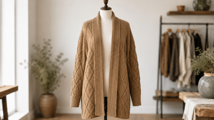 Manequim em ambiente interno aconchegante exibindo um cardigan artesanal em tom caramelo, com modelagem ampla, gola xale e pontos texturizados em relevo, em destaque na imagem.