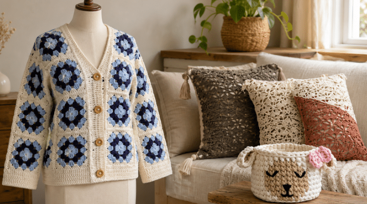 Manequim com cardigan de crochê em tons de cru e azul em uma sala aconchegante, ao lado de almofadas de crochê decorativas e um cesto artesanal com rosto de ovelhinha sobre mesa de madeira.