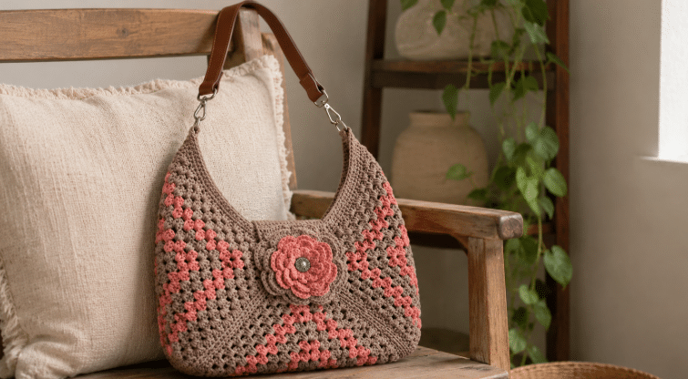 Bolsa de crochê em tons de marrom e rosa, com flor aplicada ao centro e alça de couro, apoiada em uma cadeira de madeira em ambiente aconchegante.