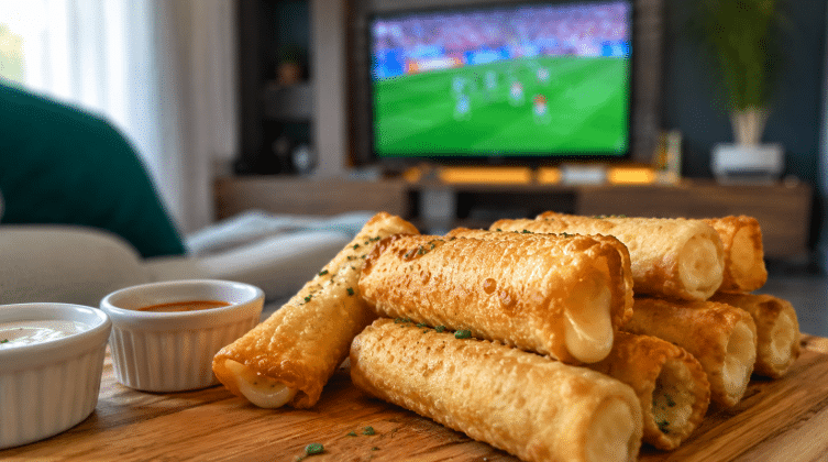 Rolinhos crocantes recheados com queijo, servidos sobre uma tábua de madeira com molhos ao lado, em uma sala aconchegante com televisão desfocada exibindo um jogo de futebol ao fundo.