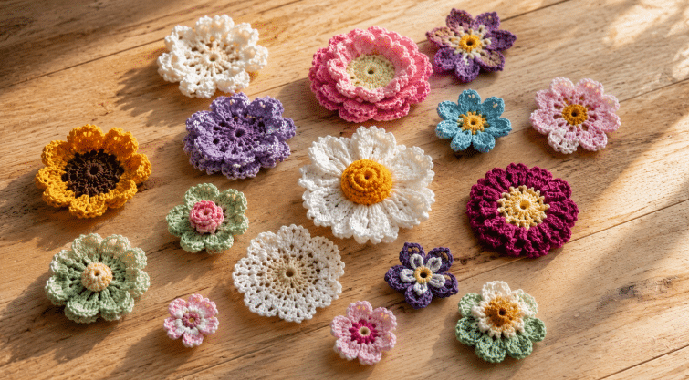 Flores de crochê coloridas, de diferentes tamanhos e formatos, dispostas sobre uma mesa de madeira clara, com foco nos detalhes dos pontos e na delicadeza das peças.