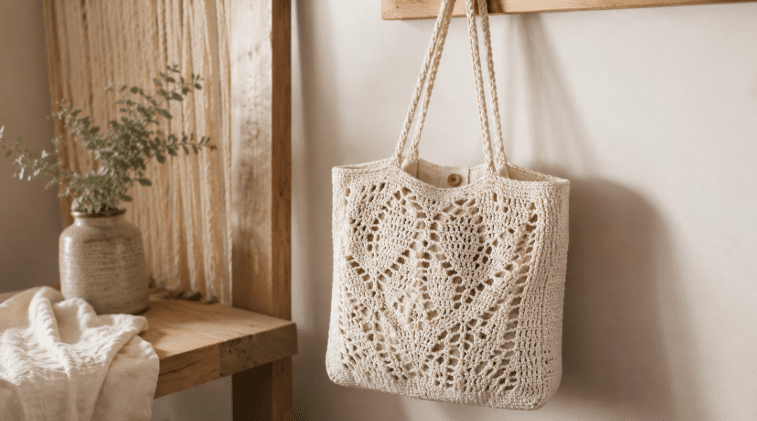 Bolsa de crochê em tom cru, com padrão vazado e alças trançadas, exposta em um ambiente neutro e aconchegante, pendurada na parede ao lado de elementos decorativos em madeira.