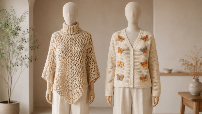 Dois manequins sem rosto usando peças de crochê em tons claros: um com poncho bege de gola alta e pontos vazados, e outro com cardigan creme decorado com aplicações de borboletas coloridas.