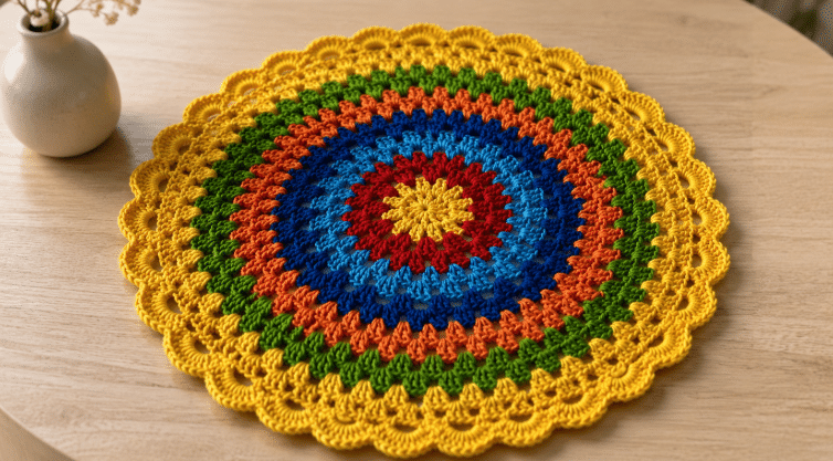 Sousplat de crochê redondo e colorido, com padrão em camadas nas cores amarelo, vermelho, azul, laranja e verde, disposto sobre uma mesa de madeira clara.