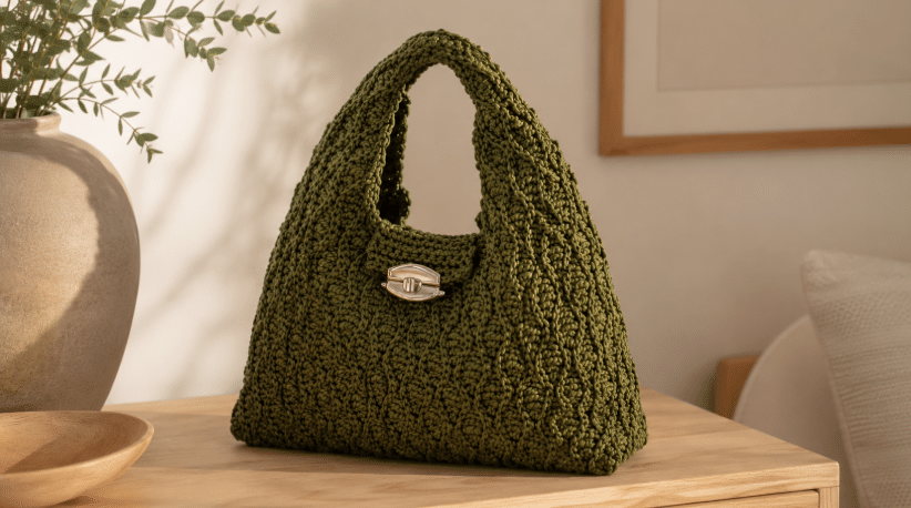 Bolsa de crochê verde militar com textura em relevo e fecho metálico, exposta sobre móvel de madeira em ambiente claro e aconchegante.