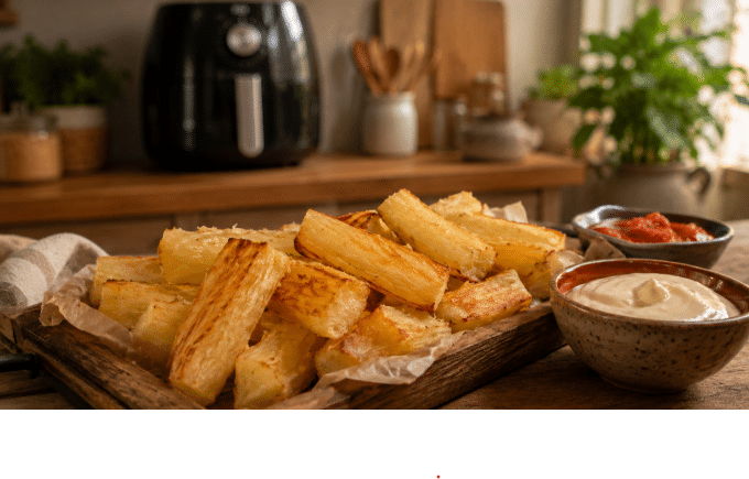 Mandioca crocante dourada servida em uma travessa de madeira com molhos ao lado, em cozinha aconchegante com Air Fryer desfocada ao fundo.
