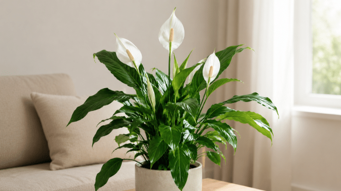 Lírio-da-paz em vaso claro sobre mesa de madeira, com folhas verdes brilhantes e flores brancas em destaque, em uma sala minimalista com sofá neutro e luz natural suave.