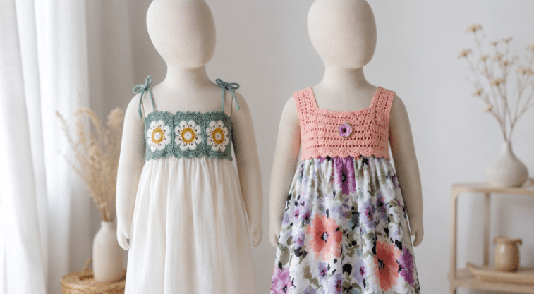 Dois manequins infantis exibem vestidos com combinação de crochê e tecido em um ambiente claro e delicado. Um modelo tem busto verde com flores em crochê e saia branca fluida; o outro traz busto rosa em crochê e saia floral.