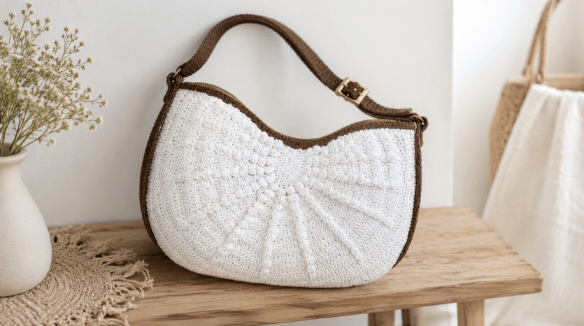 Bolsa de crochê branca com acabamento marrom e alça ajustável, exposta sobre banco de madeira em ambiente minimalista com decoração neutra.