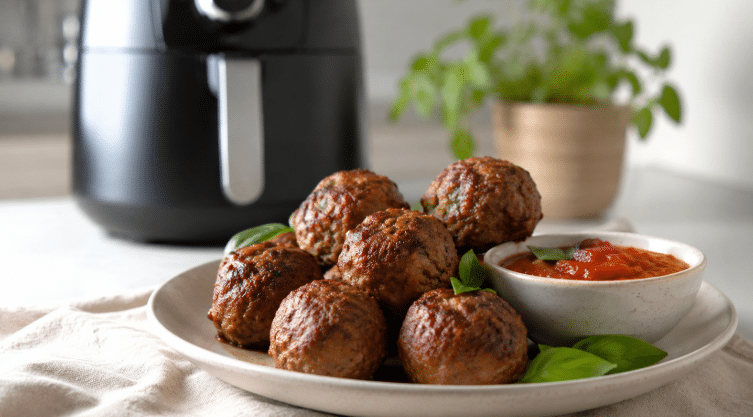 Prato claro com almôndegas douradas feitas na Air Fryer, acompanhadas de molho de tomate em uma tigela pequena e folhas verdes decorando. Ao fundo, uma Air Fryer aparece desfocada sobre a bancada da cozinha.