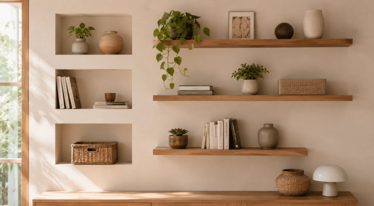 Parede clara com nichos e prateleiras de madeira organizados com livros, plantas e caixas neutras.