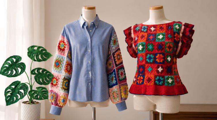 Dois manequins exibem peças de crochê coloridas em um ambiente interno iluminado, com camisa azul de mangas em granny square, blusa vermelha de crochê e planta decorativa de crochê em vaso branco.