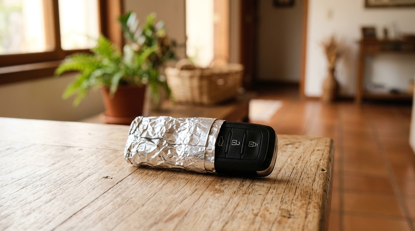 Chave preta de carro com os botões de destravamento visíveis e a base firmemente envolvida por papel alumínio, apoiada em uma mesa de madeira em um ambiente doméstico.
