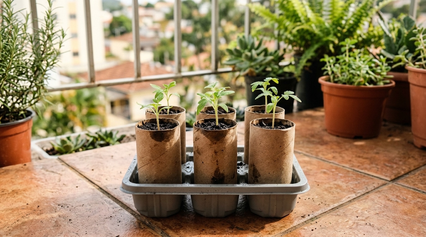 Bandeja plástica cinza sobre um piso rústico contendo seis rolos de papel higiênico preenchidos com terra úmida. De cada rolo, cresce uma pequena muda de planta verde. Ao fundo desfocado, uma varanda com diversos vasos de plantas.