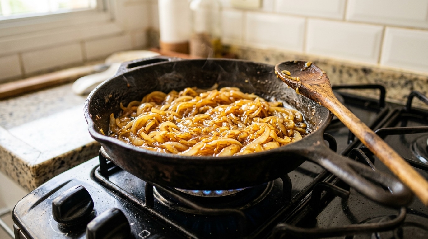 Frigideira de ferro fundido sobre a boca acesa de um fogão, contendo fatias de cebola douradas e caramelizadas em processo de cocção. Uma colher de pau rústica repousa na borda da panela.