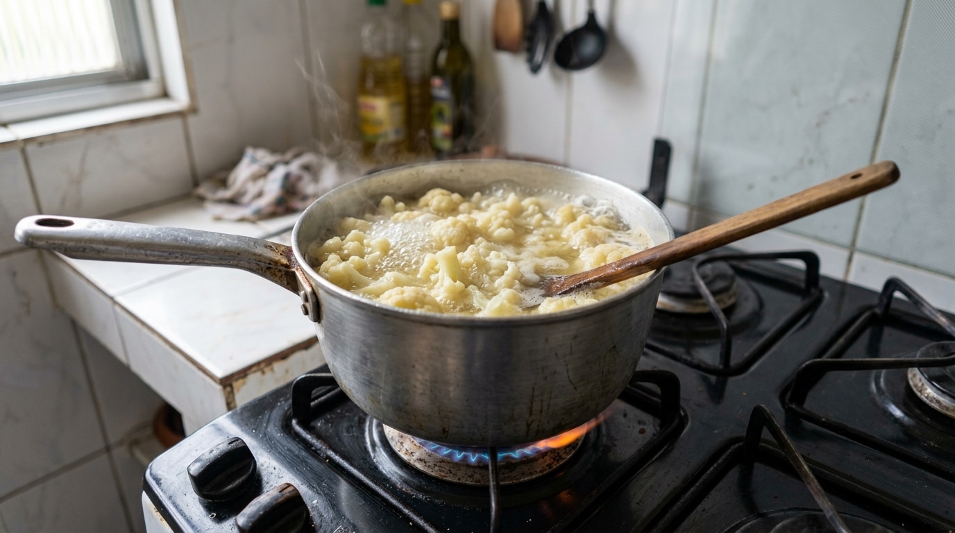 Panela de aço inoxidável no fogão com um cesto perfurado de cozimento a vapor acoplado. Dentro do cesto, buquês de couve-flor brancos e firmes recebem o calor de uma densa nuvem de vapor que se eleva.
