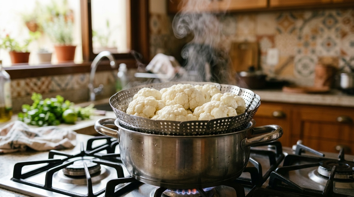 Panela de alumínio em um fogão a gás com água fervente borbulhante e buquês de couve-flor submersos. Uma colher de pau está apoiada dentro da panela, enquanto o vapor quente sobe no ambiente da cozinha.