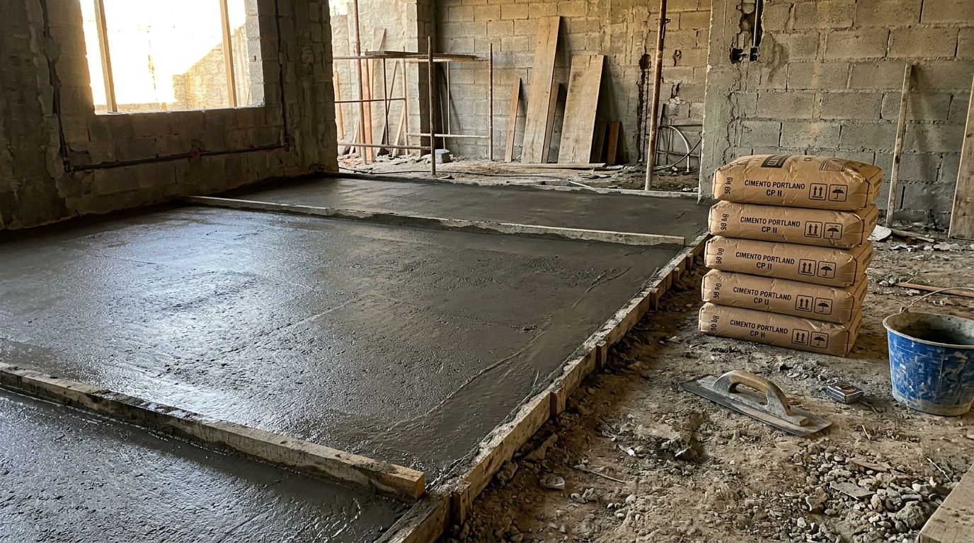 Área interna de uma obra com contrapiso de concreto recém-lançado e nivelado, dividido por ripas de madeira. À direita, sacos de cimento Portland empilhados, uma desempenadeira e um balde sujo de massa.