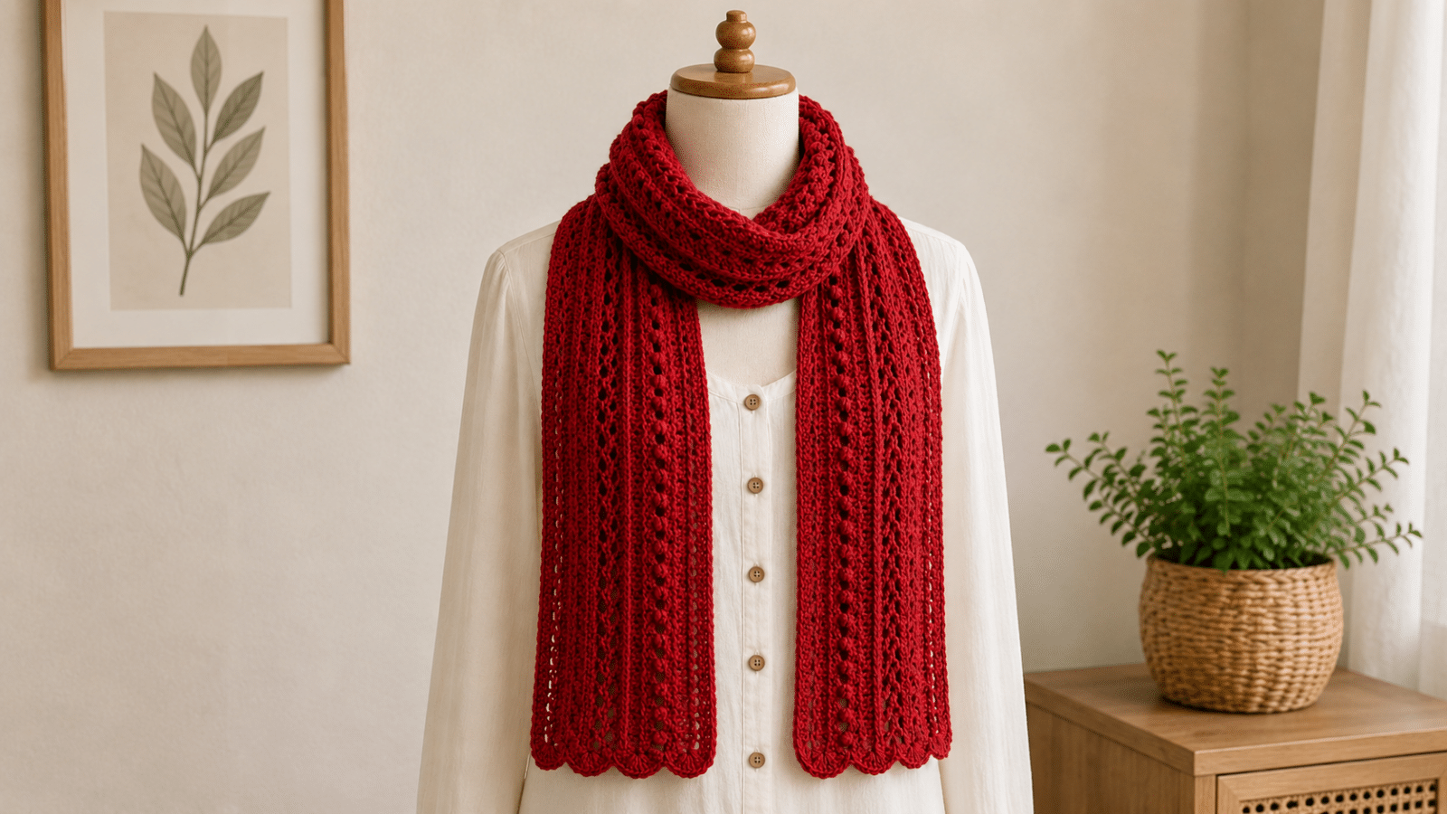 Cachecol de crochê vermelho valoriza o look com textura, aconchego e charme artesanal, perfeito para deixar os dias frios mais estilosos.