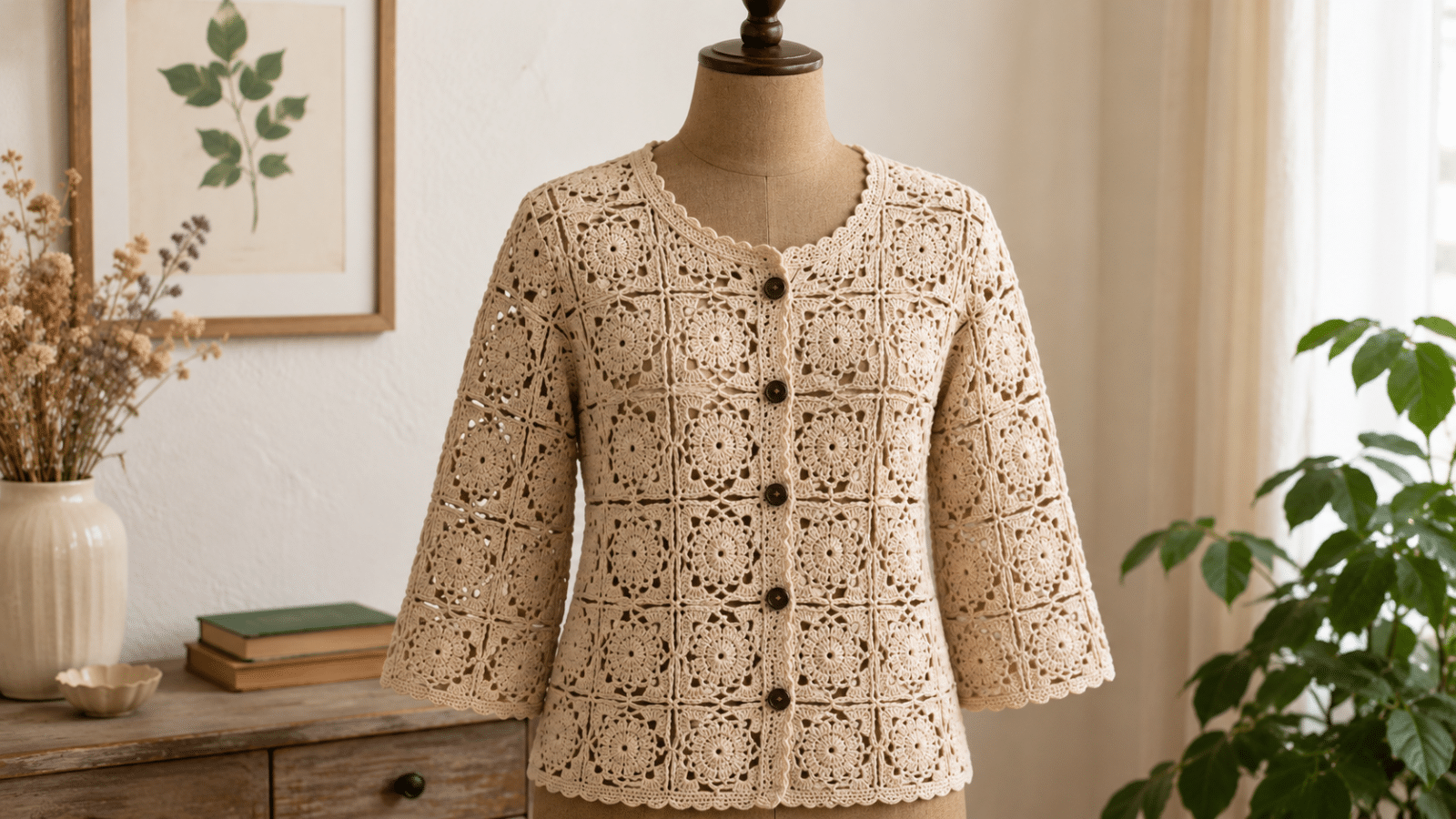 Blusa de crochê com squares em tom neutro destaca a delicadeza dos pontos artesanais, com botões frontais e caimento elegante para composições cheias de charme.