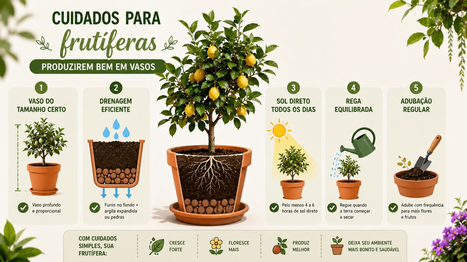 Cuidados simples fazem toda a diferença para frutíferas em vasos: com vaso adequado, boa drenagem, sol direto, rega equilibrada e adubação regular, as plantas crescem mais fortes e produzem melhor.