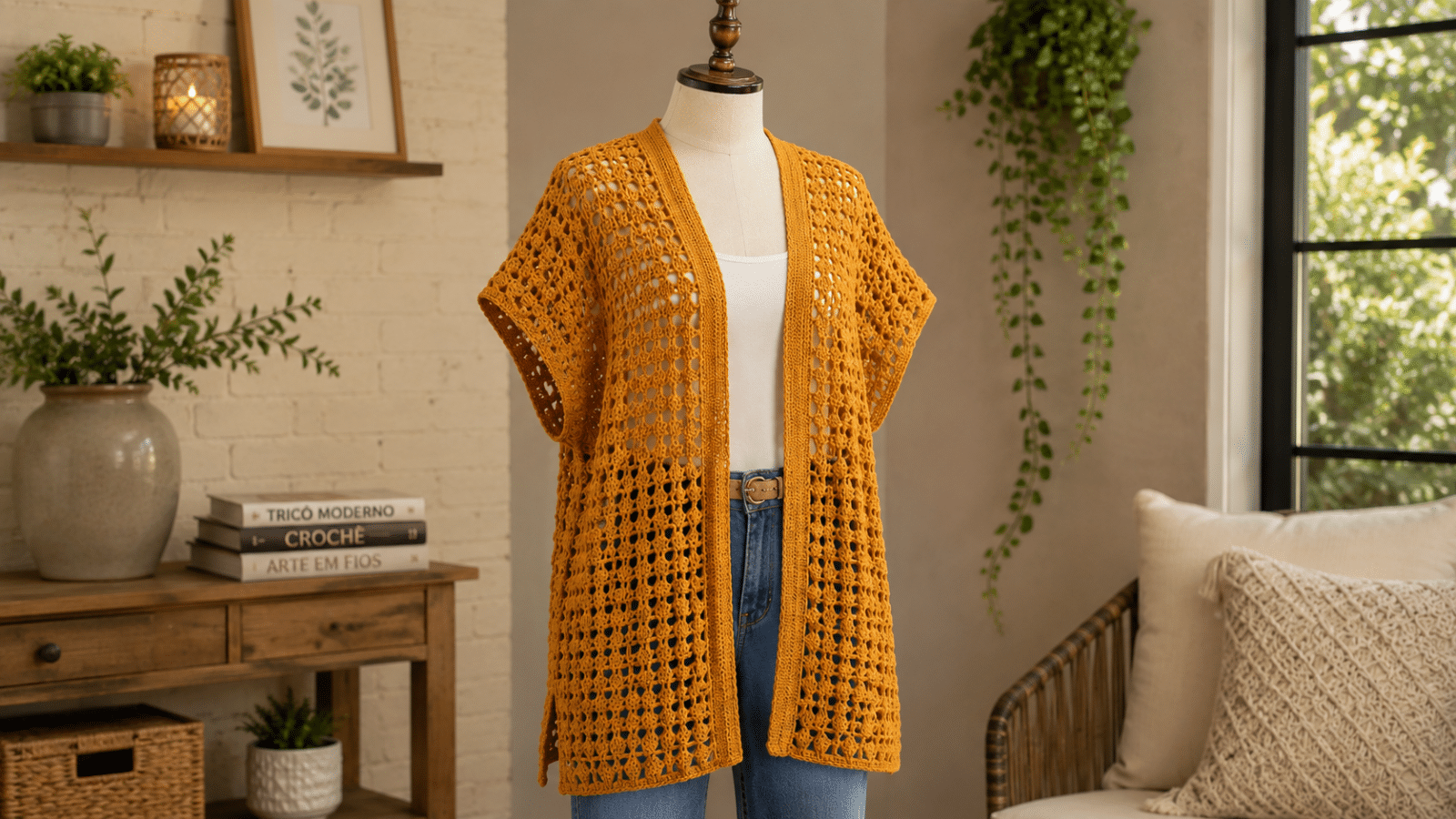 Cardigan de crochê alongado em tom mostarda ganha destaque no manequim, valorizando o ponto vazado, o caimento leve e o charme artesanal da peça.