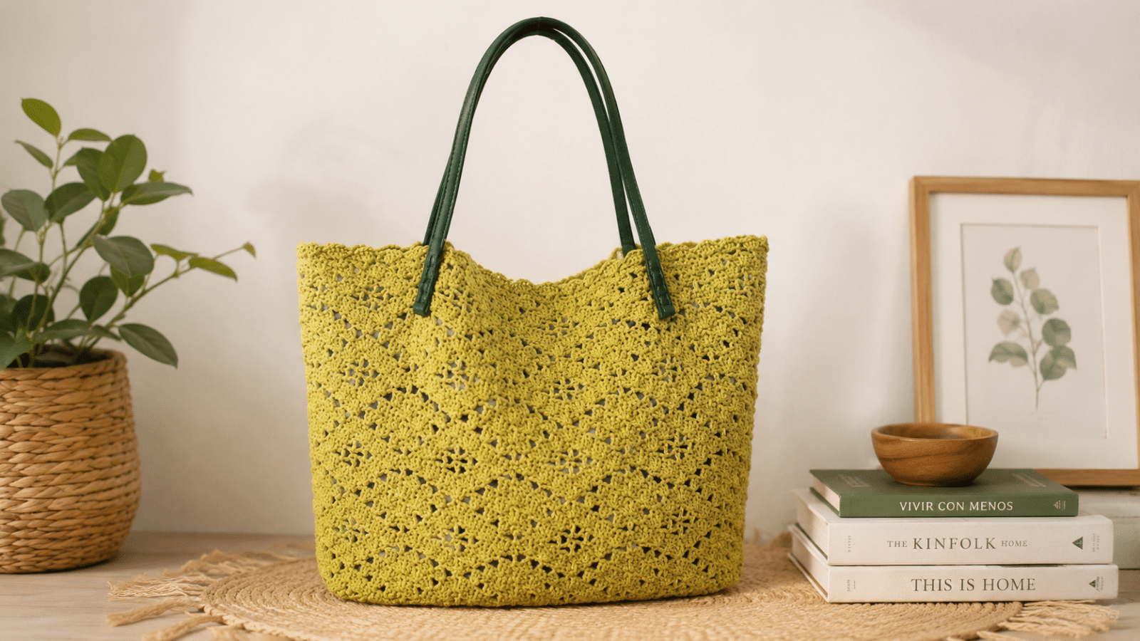 Bolsa de crochê em tom amarelo esverdeado ganha destaque na decoração, valorizando os pontos vazados, as alças verdes e o charme artesanal da peça.