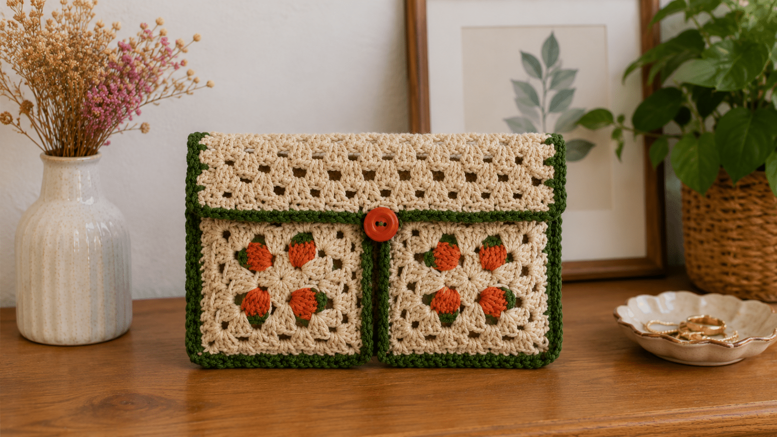 Carteira de crochê com squares florais ganha destaque em ambiente aconchegante, valorizando o acabamento artesanal, o botão central e a textura delicada da peça feita à mão.