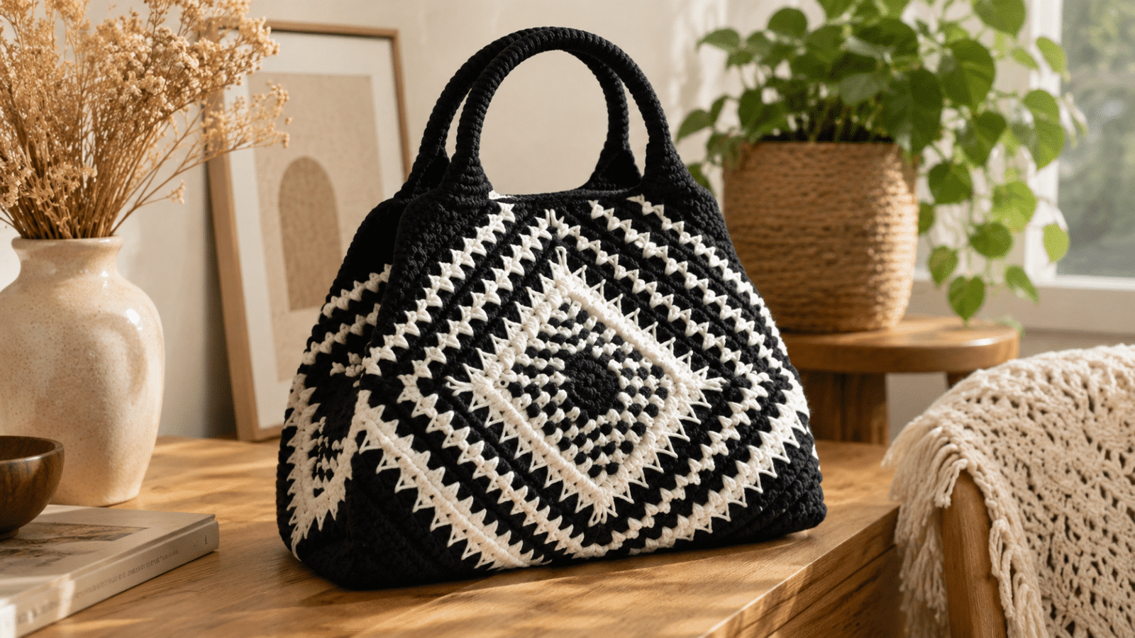 Bolsa de crochê preto e branco ganha destaque em ambiente aconchegante, valorizando o desenho geométrico, as alças estruturadas e o contraste artesanal da peça feita à mão.