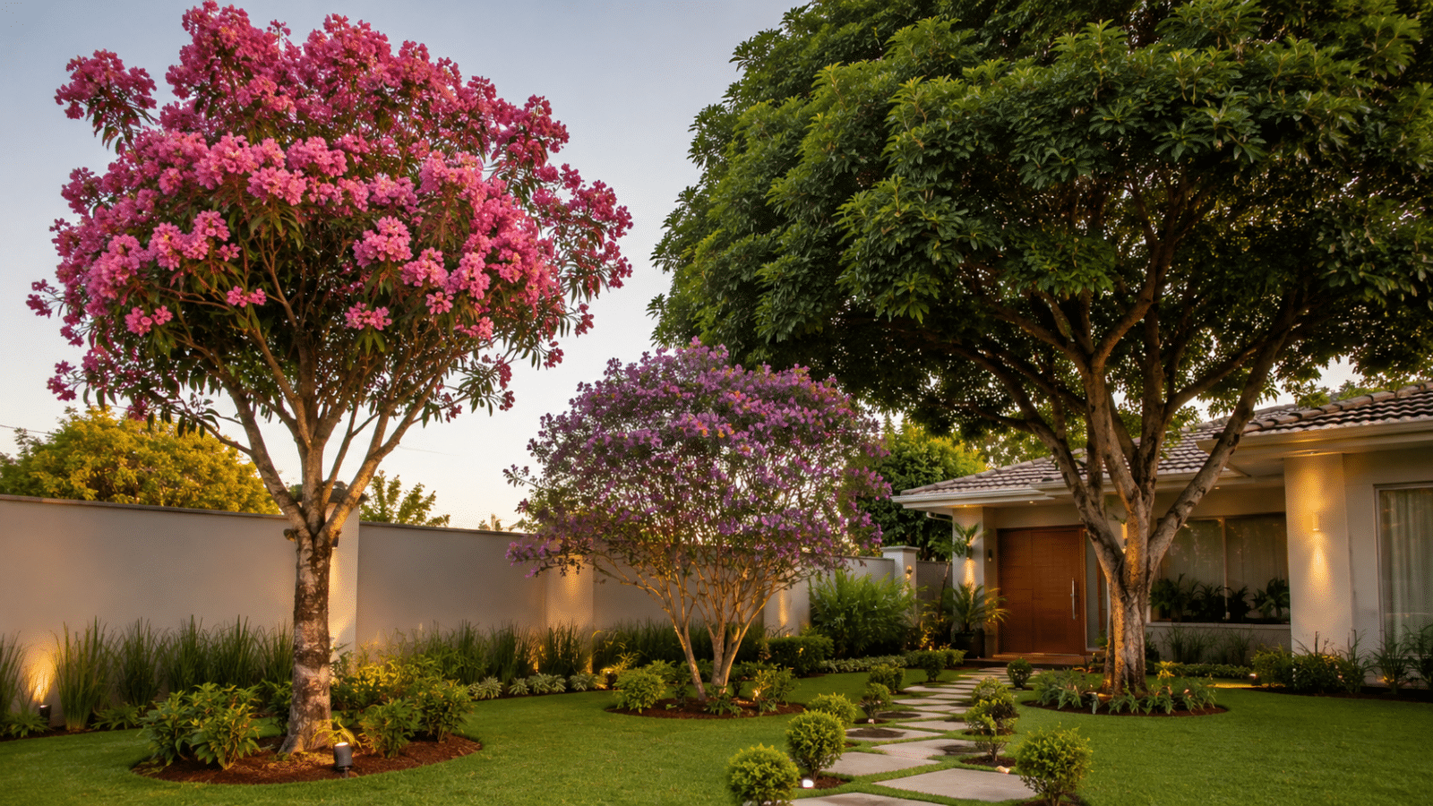 Jardim residencial com árvores de baixa manutenção ganha vida com sombra, flores e um visual natural que deixa a área externa mais fresca e acolhedora.