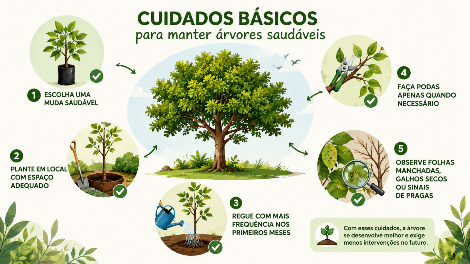 Infográfico mostra cuidados simples para manter árvores saudáveis, desde a escolha da muda até a rega, poda e observação das folhas no dia a dia.