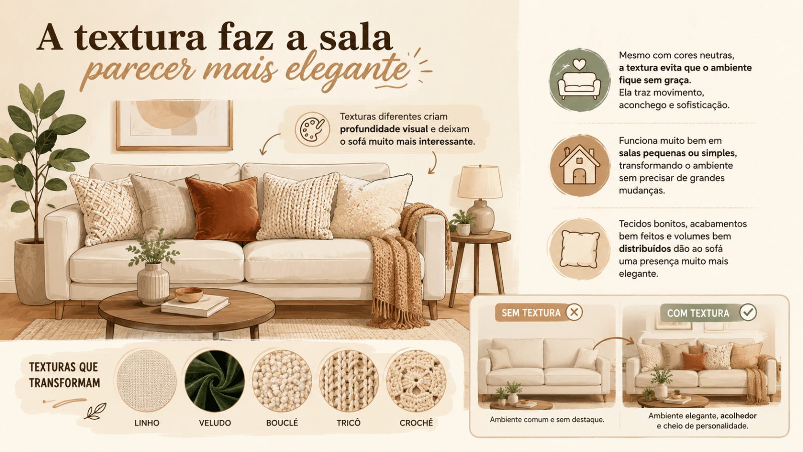 Infográfico mostra como diferentes texturas em almofadas, mantas e tecidos deixam a sala mais elegante, acolhedora e visualmente sofisticada.