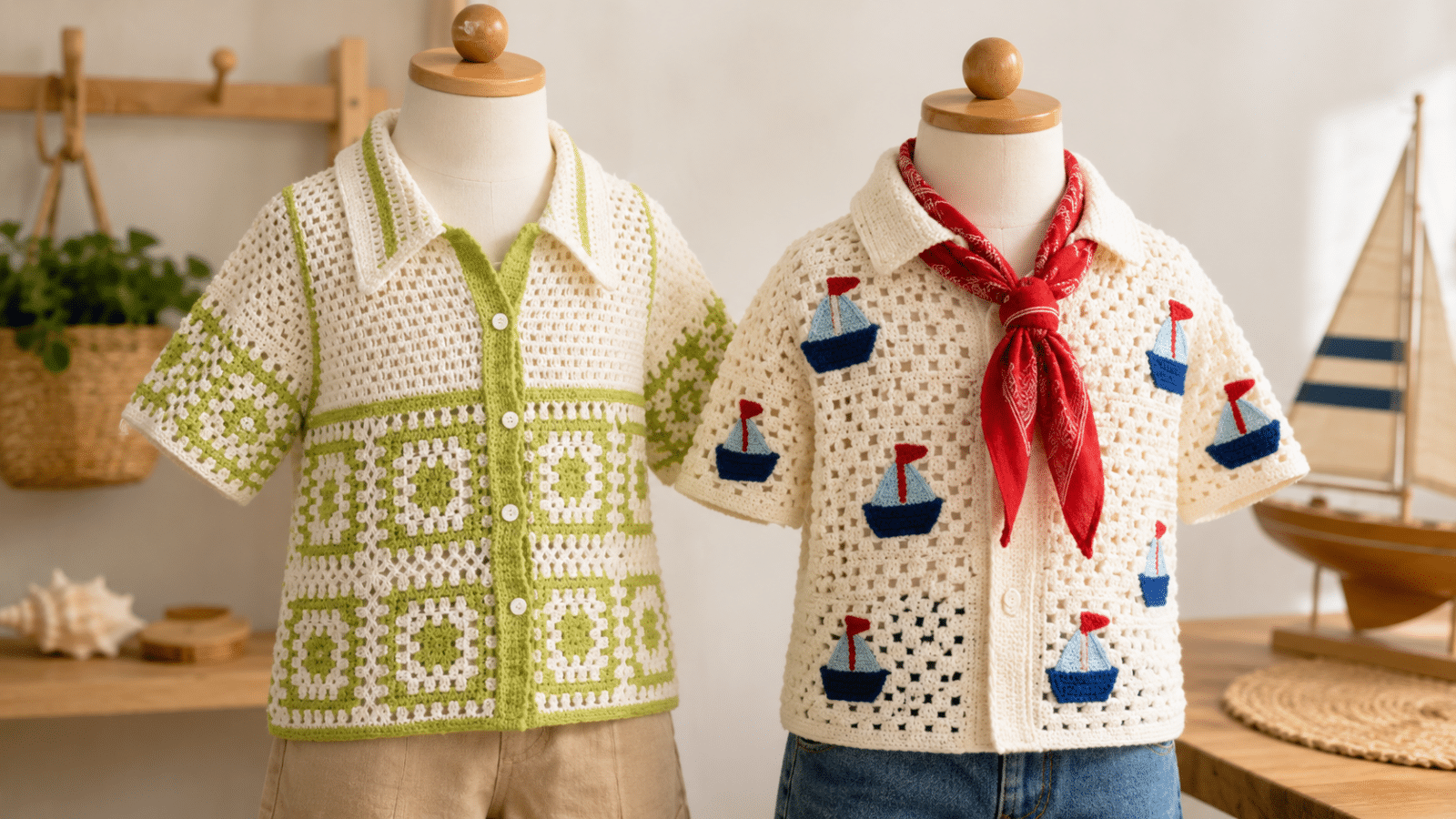 Camisas infantis de crochê em manequins, com pontos delicados, cores suaves e detalhes criativos que valorizam o charme artesanal das peças feitas à mão.