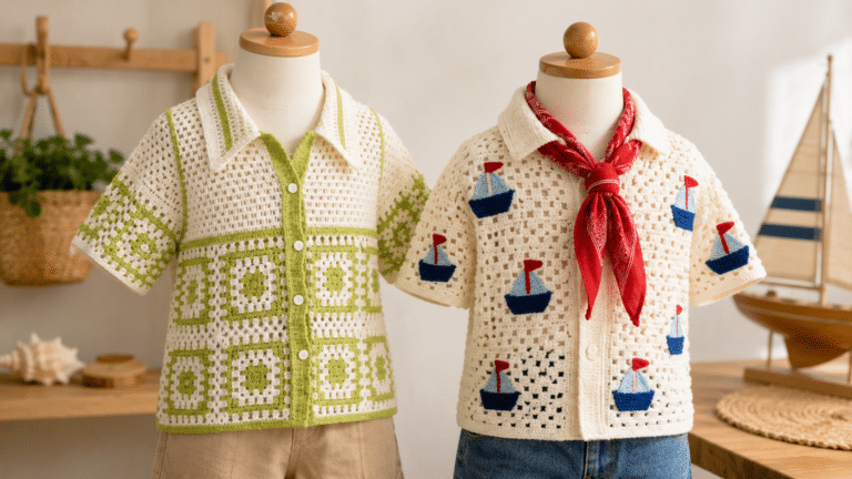 Camisas infantis de crochê em manequins, com pontos delicados, cores suaves e detalhes criativos que valorizam o charme artesanal das peças feitas à mão.