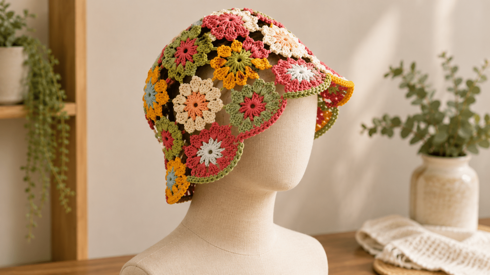 Bucket hat de crochê floral em manequim sem rosto, destacando as cores vibrantes, os pontos artesanais e o charme criativo de uma peça feita à mão.