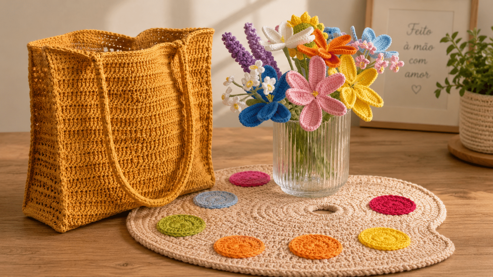 Bolsa de crochê, flores artesanais e sousplat em formato de paleta criam uma composição colorida, delicada e cheia de personalidade para valorizar o feito à mão.