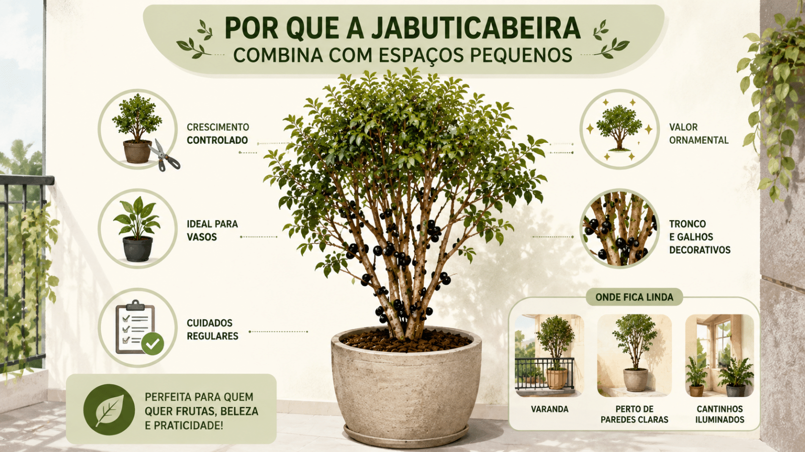 Infográfico mostra por que a jabuticabeira em vaso é uma ótima escolha para espaços pequenos, unindo beleza ornamental, frutos e cuidados simples no dia a dia.