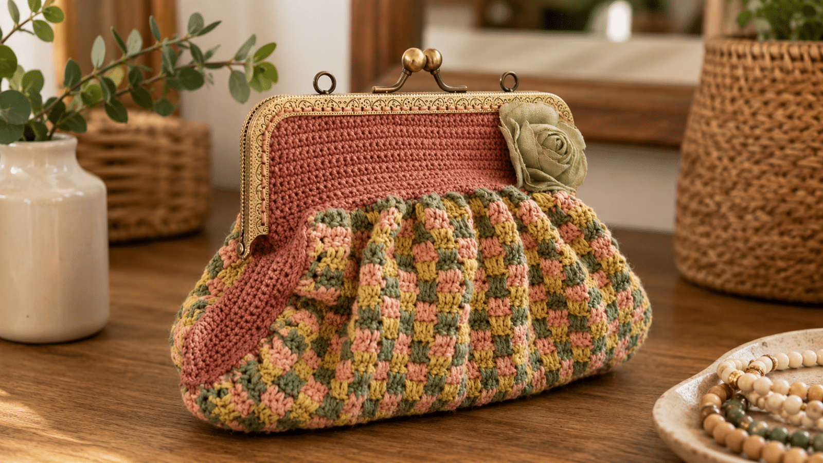 Bolsinha de mão feita em crochê ganha destaque em um ambiente aconchegante, valorizando os detalhes artesanais, o fecho vintage e a combinação delicada de cores.
