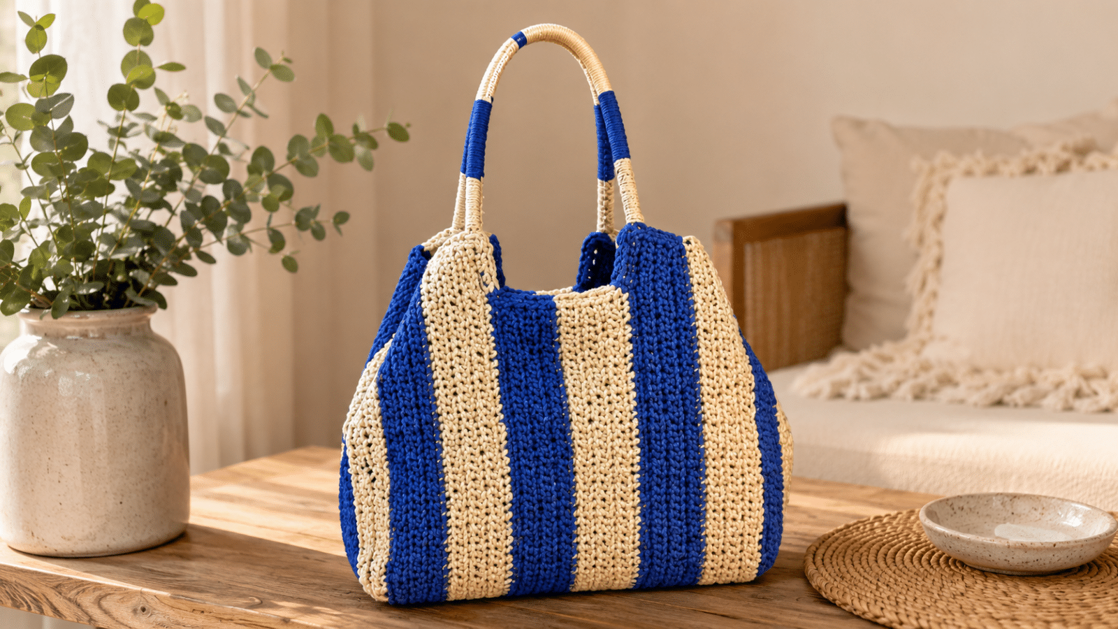 Bolsa de crochê listrada em azul e bege ganha destaque em um ambiente aconchegante, valorizando a textura artesanal, o formato amplo e o charme feito à mão.
